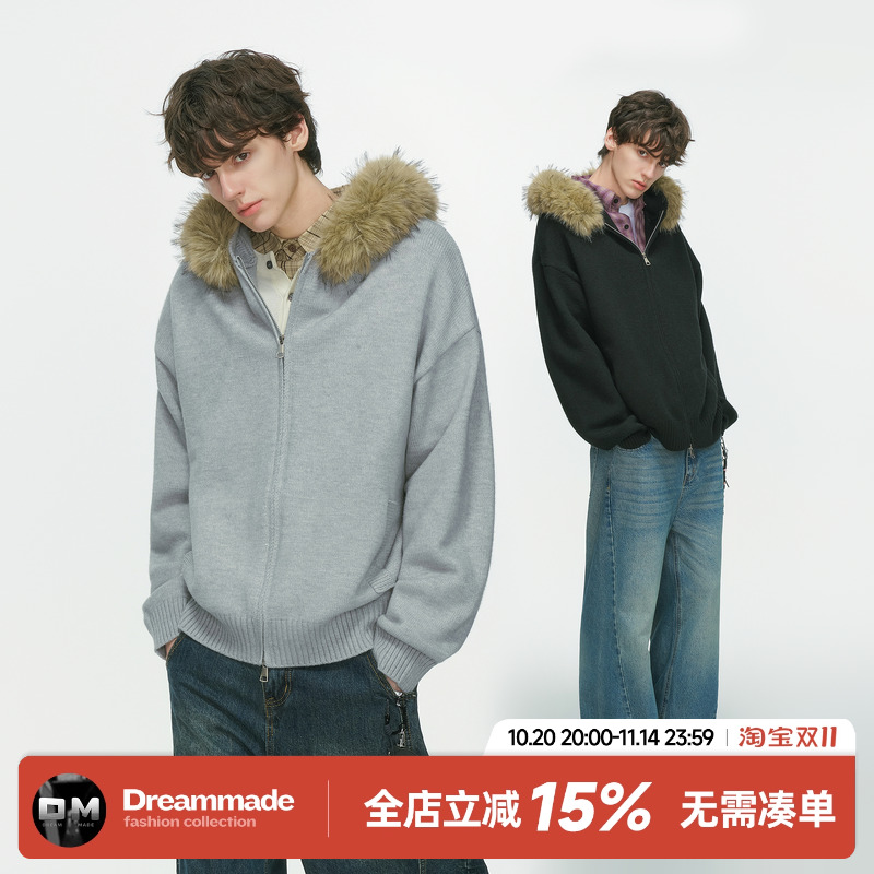 Dream made美式可拆卸毛领连帽开衫毛衣外套男款秋冬季情侣针织衫
