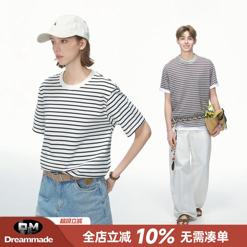 Dream made 美式复古条纹重磅圆领短袖T恤男夏季新款半袖休闲上衣