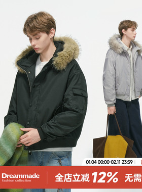 Dream made美式工装棉服男款冬季加厚棉衣毛领连帽派克服保暖棉袄