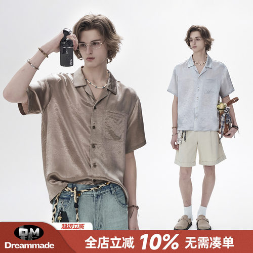 Dream made 老钱风醋酸人夫感短袖衬衫男款夏季休闲情侣短袖衬衣