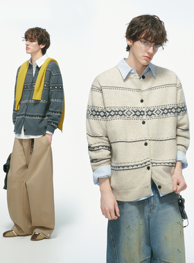 Dream made 费尔岛高智学院风提花开衫毛衣男秋冬季仿羊绒针织衫