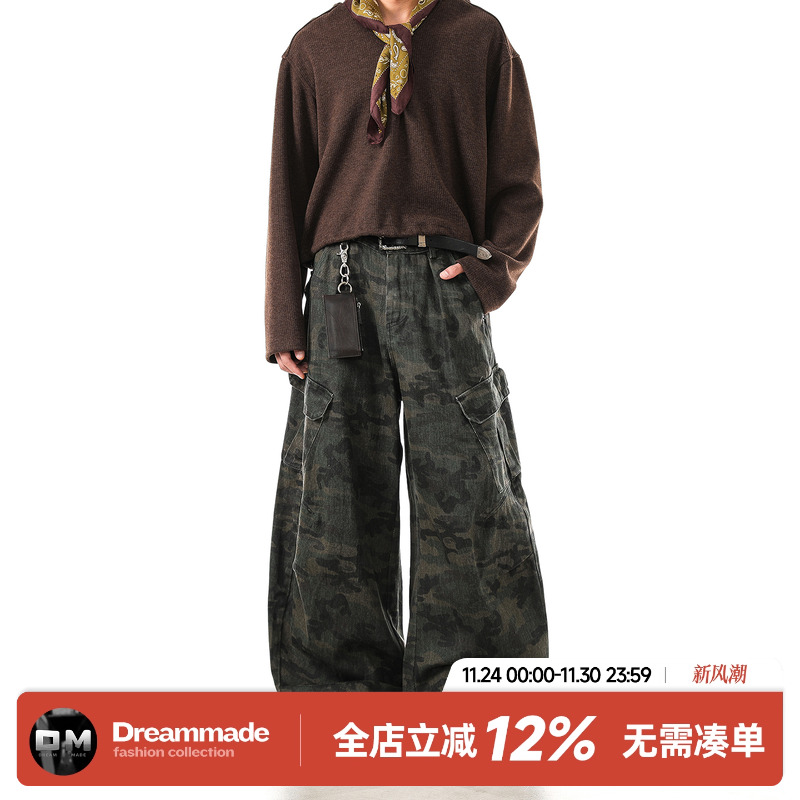 Dream made 美式大口袋弯刀迷彩裤男款秋季宽松直筒工装休闲裤子
