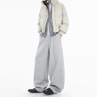 made 男生弯刀裤 冬季 男直筒宽松阔腿裤 子 加绒加厚灰色卫裤 Dream