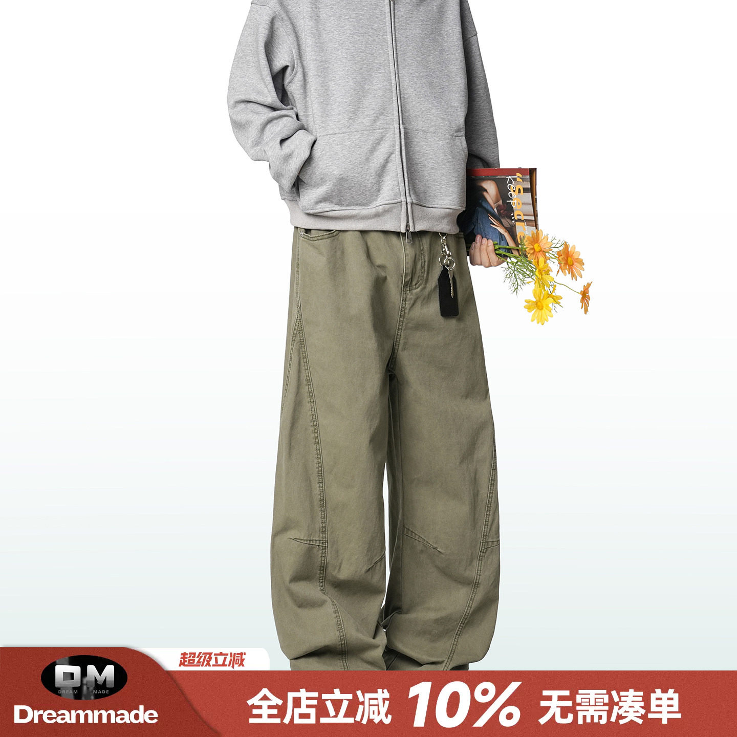 Dream made 美式休闲长裤男款春秋季直筒阔腿工装裤男生弯刀裤子图片