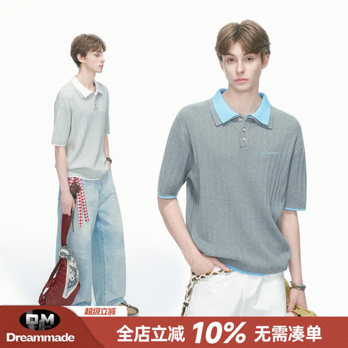 Dream made 假两件双层领针织短袖POLO衫男款夏季轻奢情侣半袖T恤