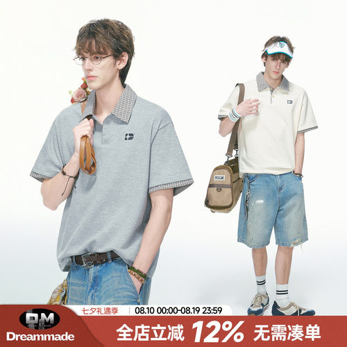 Dream made 人夫感假两件格子POLO衫短袖男款夏季美式男生半袖T恤