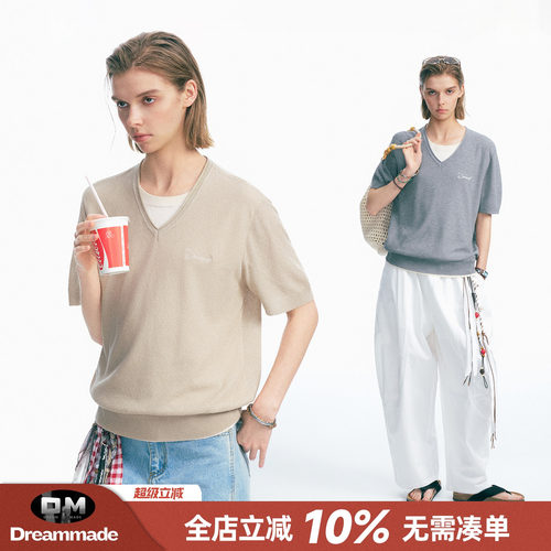 Dream made 轻奢老钱风亚麻假两件针织短袖T恤男夏季薄款半袖上衣