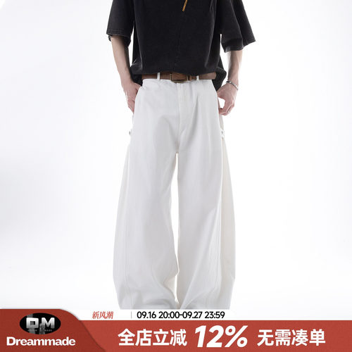 Dream made白色廓形弯刀工装休闲裤男款夏季直筒宽松阔腿运动裤子