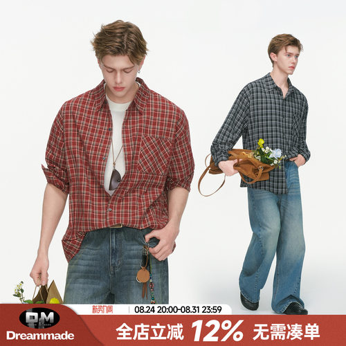 Dream made 美式红色格子长袖衬衫男款春夏季高级感内搭情侣衬衣