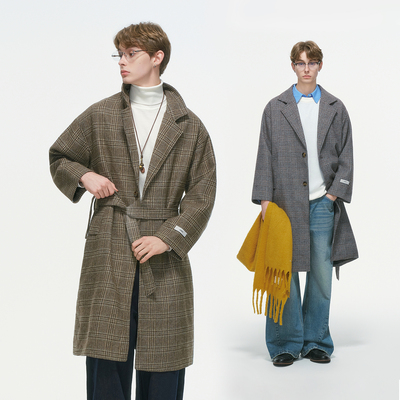 Dream made 千鸟格羊毛大衣男款秋冬季毛呢外套长款过膝呢子风衣