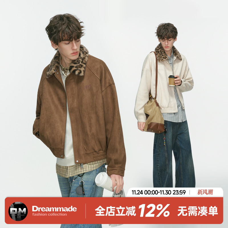 Dream made 美式巴恩风可拆卸豹纹毛领外套男秋季麂皮绒工装夹克