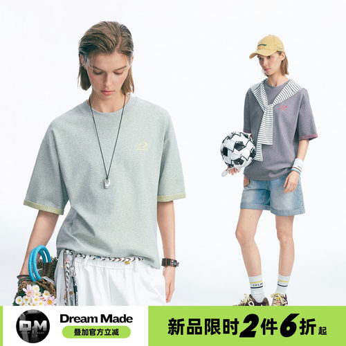 Dream made 美式复古拼色正肩圆领短袖T恤男夏季薄款情侣半袖上衣