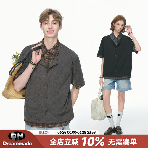 Dream made 老钱风新贵假两件格子短袖衬衫男女夏季情侣针织衬衣