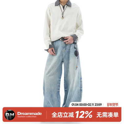 Dream made浅蓝色水洗做旧牛仔裤男款春秋季美式cleanfit直筒裤子