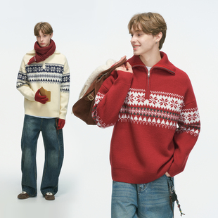 Dream made 费尔岛圣诞红色半拉链毛衣男款秋冬季可翻高领针织衫