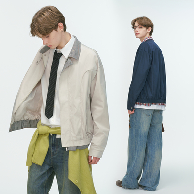 Dream made美式假两件撞色哈灵顿夹克男春秋季飞行员工装男生外套