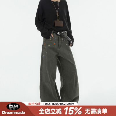Dream made 美式趣味刺绣军绿色休闲裤男秋季潮牌工装裤情侣裤子