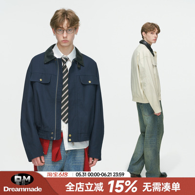 Dream made 美式巴恩风底特律工装外套男春秋季boxy短款皮领夹克