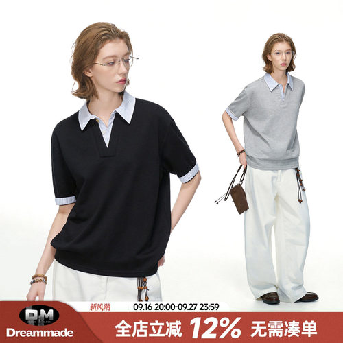 Dream made 知识分子高智感假两件条纹短袖polo衫男女夏季情侣T恤