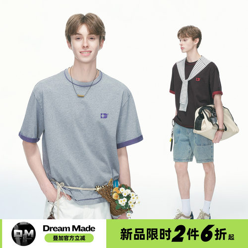 Dream made【5/21 0点新品限时2件6折】美式复古撞色圆领短袖T恤