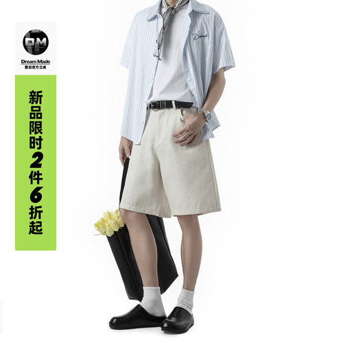 Dream made 老钱风亚麻直筒工装短裤男夏季新款复古五分男生裤子