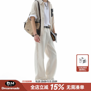 Dream made 老钱风亚麻休闲裤男款秋季直筒男生西裤白色修身裤子