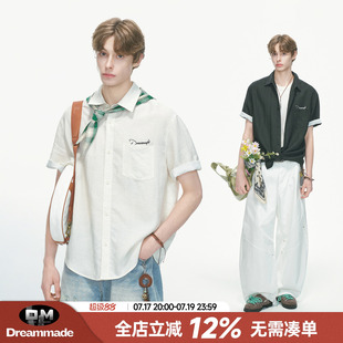 Dream made老钱风莱赛尔白色条纹短袖衬衫男夏季透气亚麻半袖衬衣