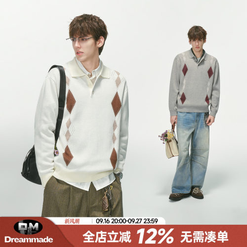 Dream made老钱风羊毛混纺菱格polo领毛衣男秋季人夫感打底针织衫