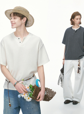 Dream made 老钱风亨利领短袖男款肌理感美式半袖T恤cleanfit上衣