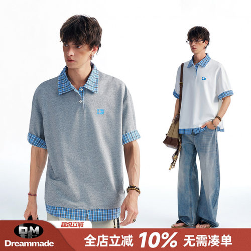 Dream made 美式假两件格子衬衫领POLO衫短袖男款夏季男生半袖t恤