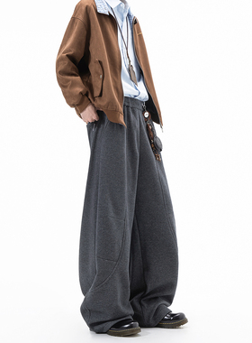 Dream made冬季加绒加厚灰色卫裤男款直筒弯刀裤子男生冬装休闲裤