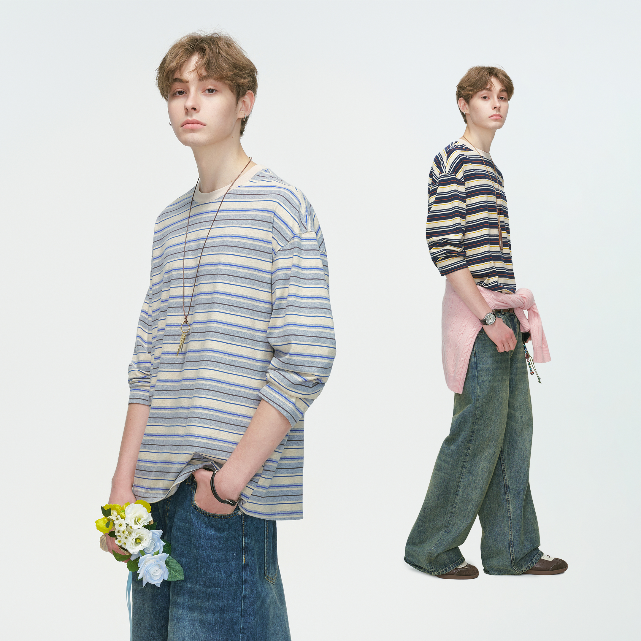 Dream made 美式撞色条纹圆领长袖T恤男春秋季新款重磅打底衫上衣