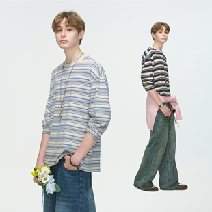撞色条纹圆领长袖 美式 T恤男春秋季 新款 上衣 Dream 重磅打底衫 made