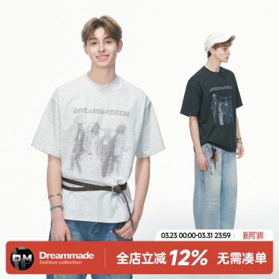 Dream made 美式复古人物印花短袖男款夏季重磅休闲男生五分袖T恤