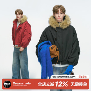 Dream made冬季加厚牛角扣毛领派克服男短款棉服男生冬装棉衣外套
