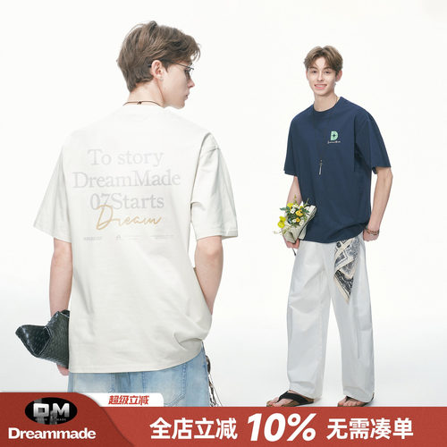 Dream made 美式复古风重磅印花短袖T恤男款夏季情侣正肩半袖上衣