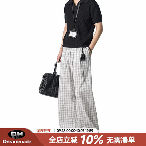 Dream made 泡泡纱格子A字抽绳休闲裤男秋季新款透气格纹裤子男生