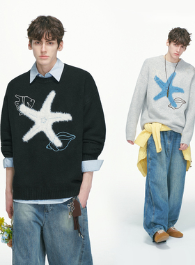 Dream made美式设计感海星刺绣毛衣男生秋冬季加厚内搭情侣针织衫