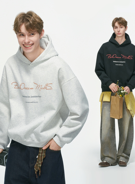 Dream made 美式连帽灰色卫衣男2025秋冬季新款加绒加厚男生外套