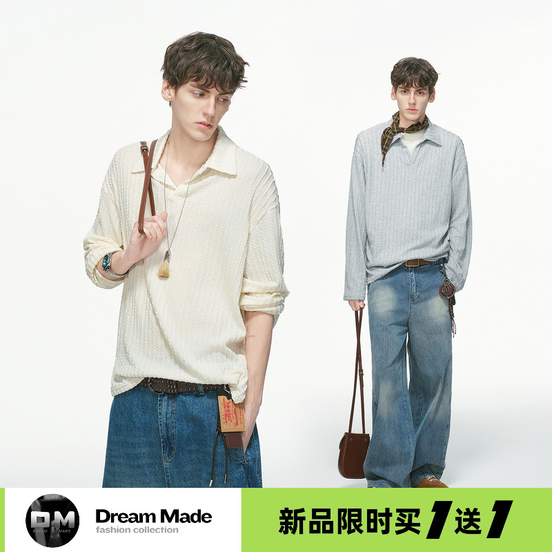Dream made 老钱风麦穗纹高知感针织POLO衫男秋季通勤V领长袖T恤
