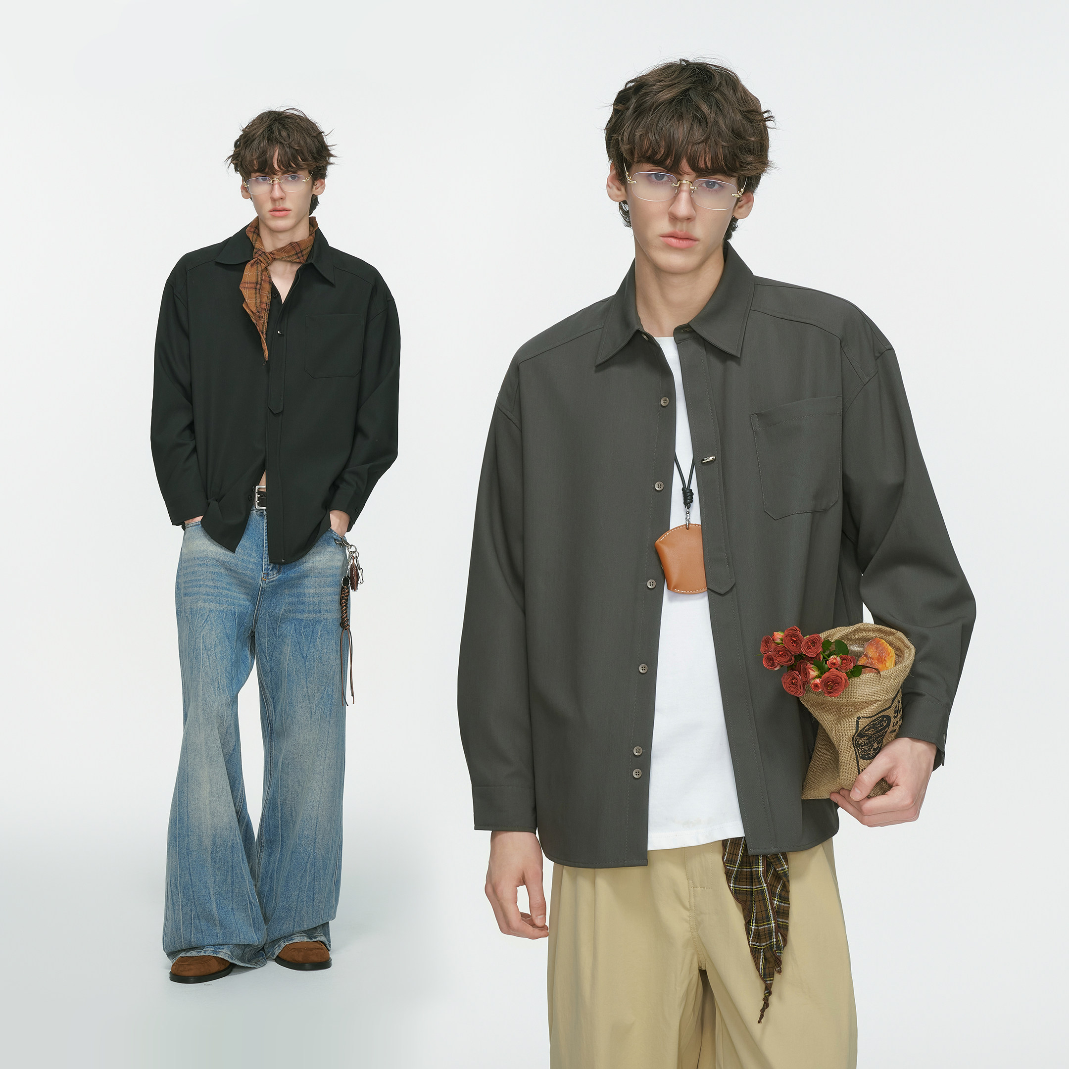 Dream made高级设计感韩版通勤长袖衬衫男春秋季纯色休闲宽松衬衣