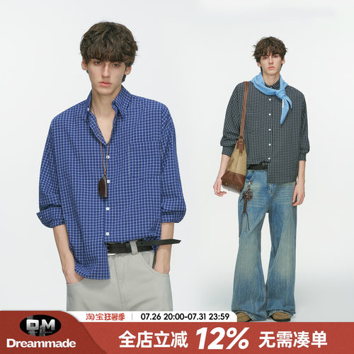 Dream made 美式高级感蓝色格子长袖衬衫男夏季薄款休闲男生衬衣