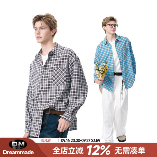 Dream made美式慵懒风格子长袖衬衫男春季休闲多巴胺情侣衬衣外套
