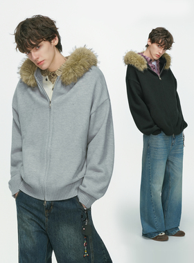 Dream made美式可拆卸毛领连帽开衫毛衣外套男款秋冬季情侣针织衫