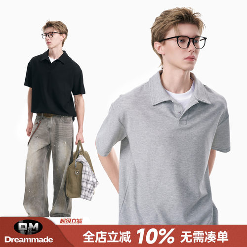 Dream made 美式假两件灰色POLO衫短袖T恤男夏季cleanfit男生半袖