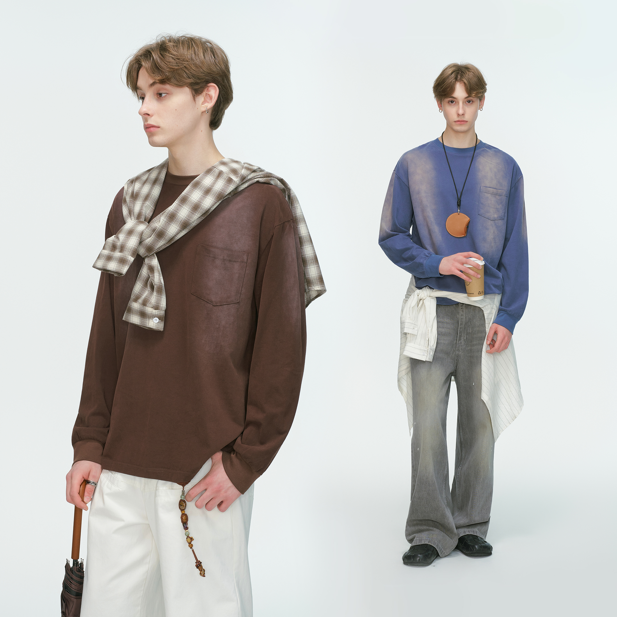 Dream made 美式水洗扎染渐变长袖T恤男款春秋季潮牌情侣内搭上衣