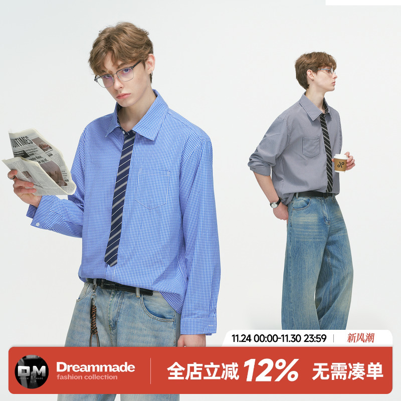 Dream made 高智感假两件领带格子衬衫男春秋季美式休闲长袖衬衣