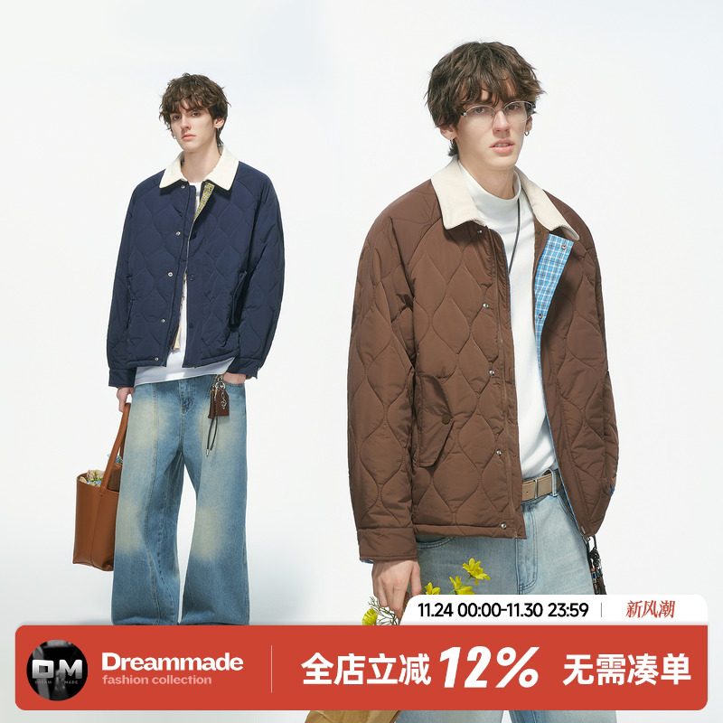 Dream made 美式巴恩风撞色菱形格棉服男款冬季加厚棕色棉衣外套