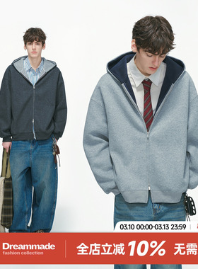 Dream made美式cleanfit双拉链开衫连帽卫衣男春秋季重磅男生外套