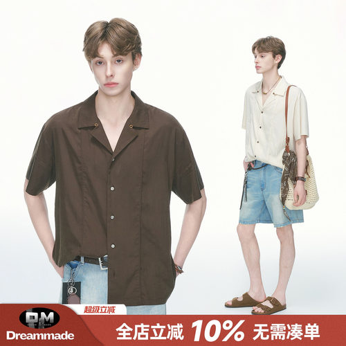 Dream made 老钱风莱赛尔古巴领衬衫男夏季情侣天丝休闲半袖衬衣